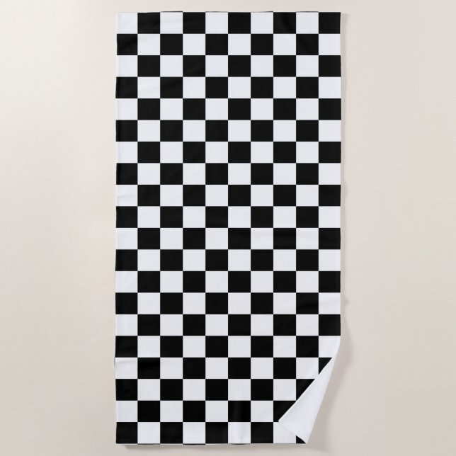 Classic Chequerboard Black White Pattern Beach Towel (Front)
