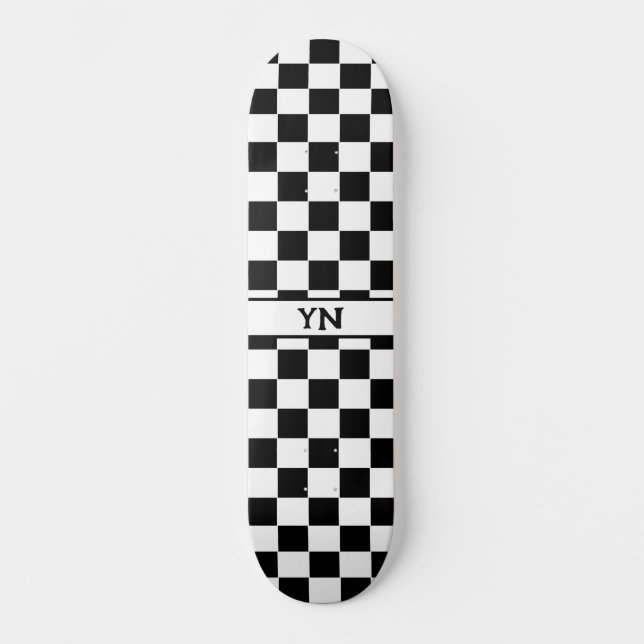 Classic Chequered Black and White Custom Initials  Skateboard (Front)