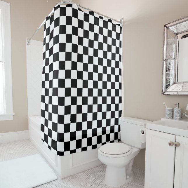 Classic Chequered Black and White Shower Curtain (In Situ)