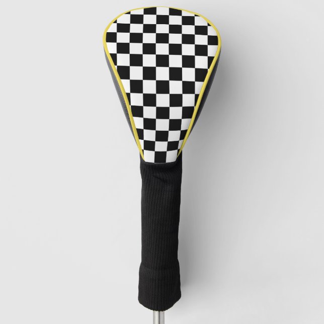 Classic Chequered Racing Sport Check Black White Golf Head Cover (Front)