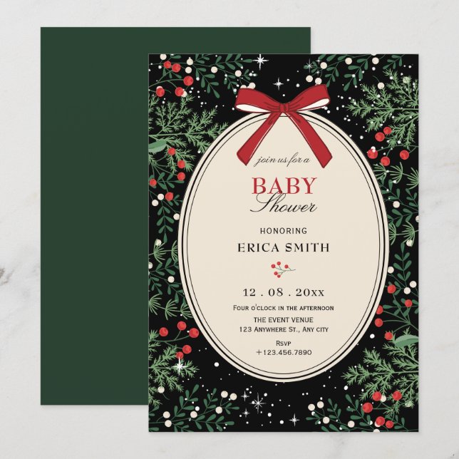 Classic cherry bow baby shower invitation (Front/Back)