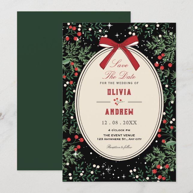 Classic cherry bow wedding invitation (Front/Back)