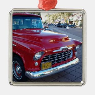 Classic Cherry Red Chevy Pick-Up Truck at Car Show Metal Tree Decoration