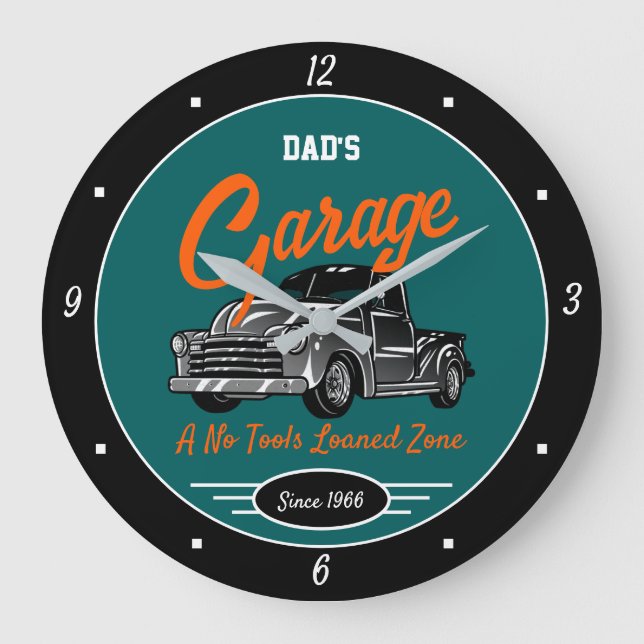 Classic Chevy Truck Garage Dad's Name Teal Black Large Clock (Front)