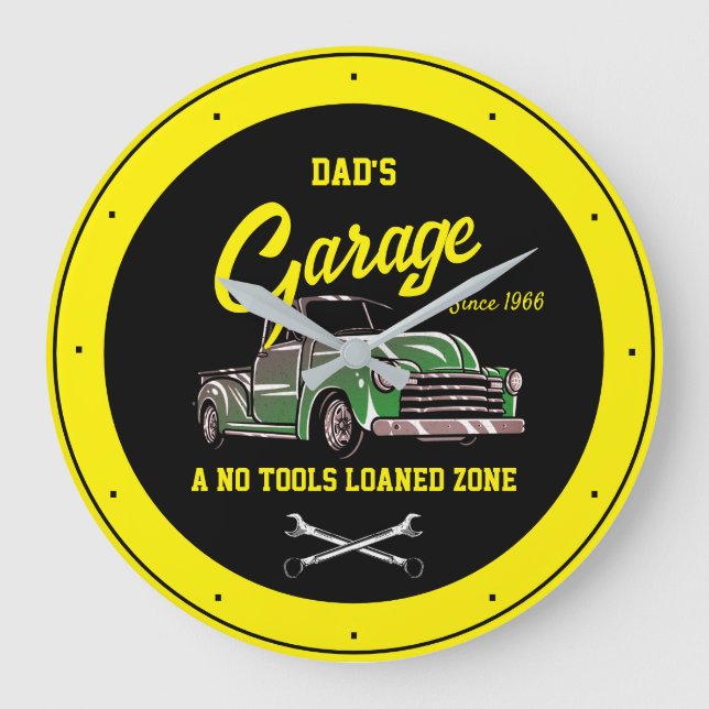 Classic Chevy Truck Garage Name Black Yellow Large Clock (Front)