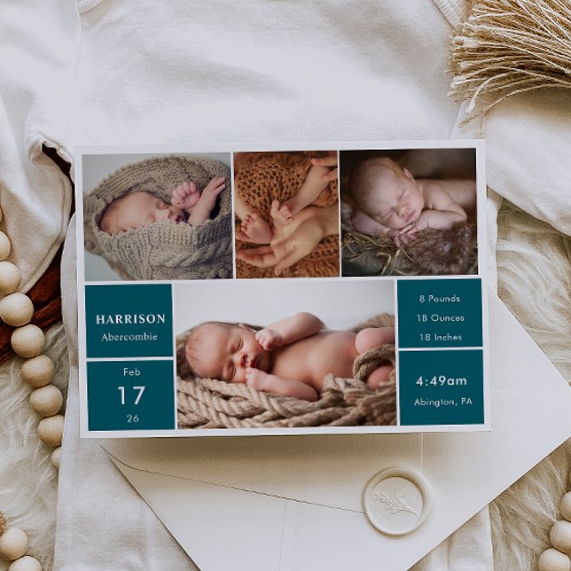 Classic Chic Baby Photo Collage Announcement Card (Creator Uploaded)