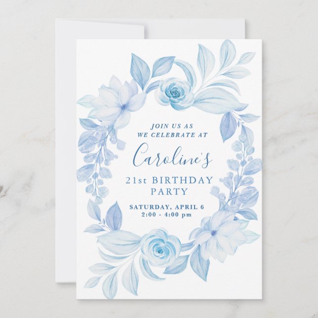 Classic Chic Blue Flower Birthday Invitation (Front)