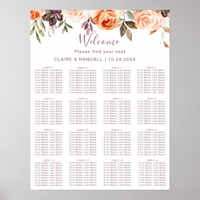 Classic Chic Boho Floral Wedding Seating Chart (Front)