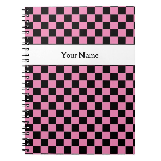 Classic Chic Chequered Pink and Black Custom Name Notebook (Front)