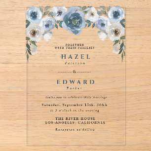 Classic Chic Dusty Blue Floral Watercolor Wedding Acrylic Invitations