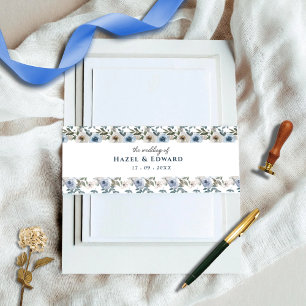 Classic Chic Dusty Blue Floral watercolor Wedding Invitation Belly Band