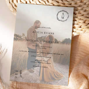 Classic chic floral monogram black wedding photo invitation