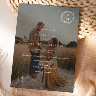 Classic chic floral monogram white wedding photo invitation