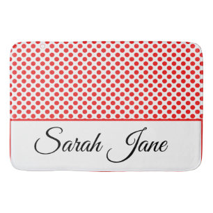 Classic Chic Red Polka Dots Pattern Custom Name Bath Mat