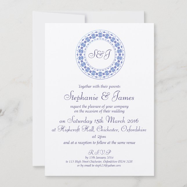 Classic China Blue Personalized Wedding Invitation (Front)