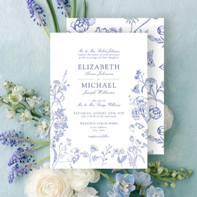 Classic Chinoiserie Blue Victorian Floral Wedding Invitation (Creator Uploaded)