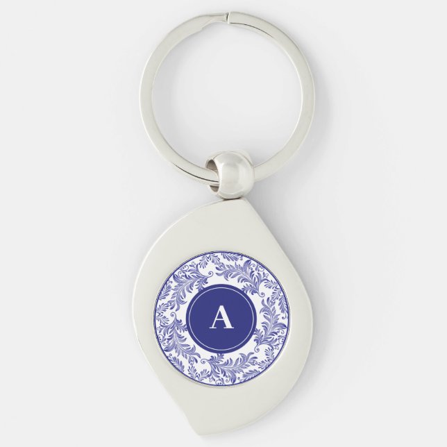 Classic Chinoiserie Blue White Pattern Monogram Key Ring (Front)