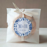 Classic Chinoiserie Monogram Wedding Favour Classic Round Sticker<br><div class="desc">This classic design features a simple and elegant couples monogram with blue and white Chinoiserie print background. This background pattern was originally painted in watercolors by me,  before being scanned into digital form. The pattern was inspired by the kind you can find on antique ginger jars.</div>