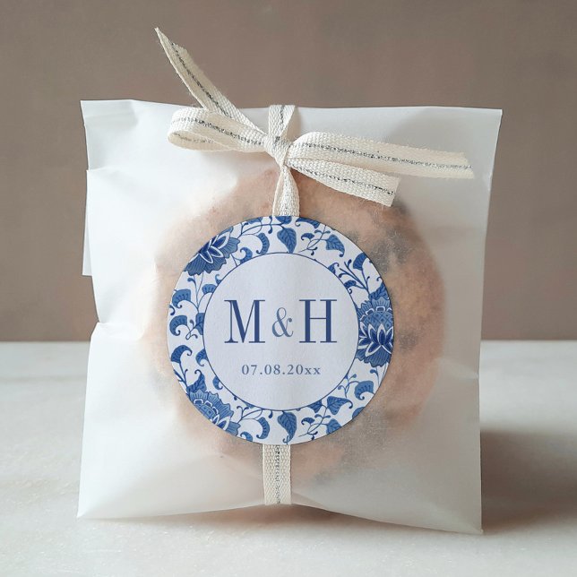 Classic Chinoiserie Monogram Wedding Favour Classic Round Sticker (Elegant hand painted blue and white chinoiserie print background monogram wedding favor stickers)