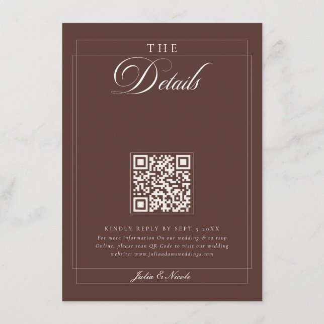 Classic Choco Brown Ivory Calligraphy QR Details Enclosure Card (Front)
