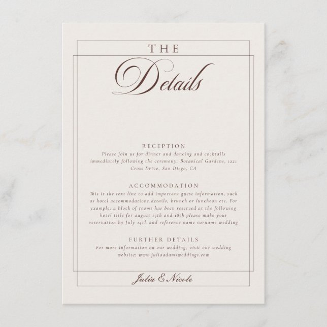 Classic Choco Ivory Calligraphy Wedding Details Enclosure Card (Front)