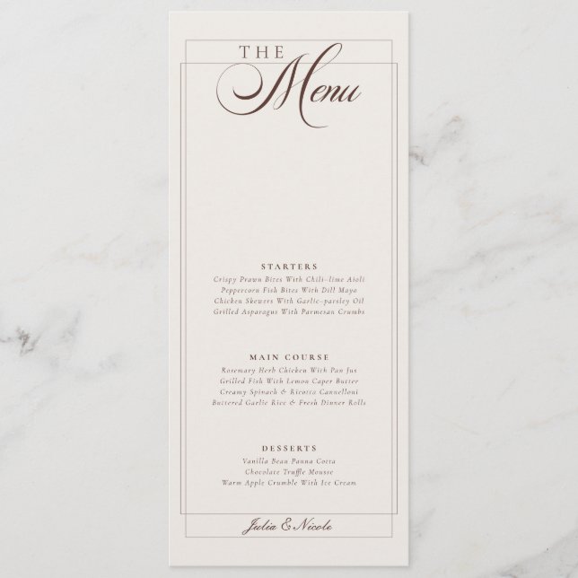 Classic Choco Ivory Calligraphy Wedding Menu (Front)
