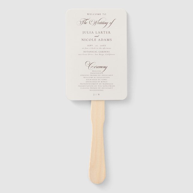 Classic Choco Ivory Calligraphy Wedding Program Hand Fan (Front)