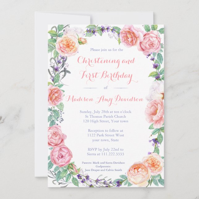 Classic Christening / Birthday with pink roses Invitation (Front)