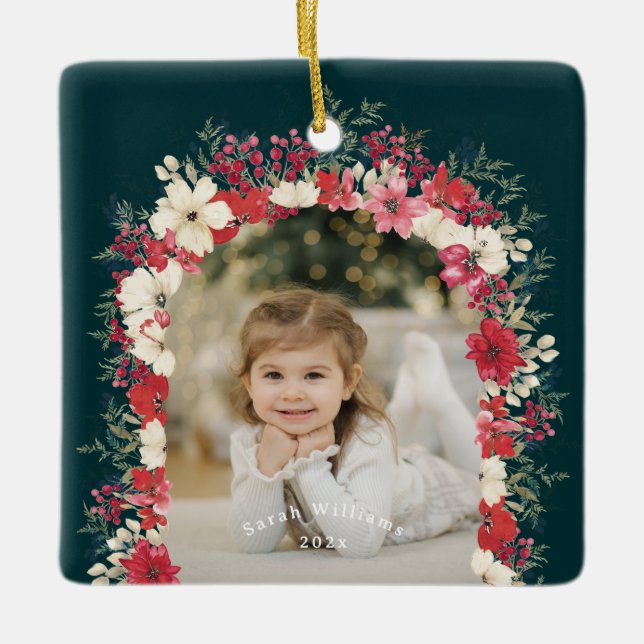 Classic Christmas Botanical Annual Keepsake Photo Ceramic Ornament (Front)