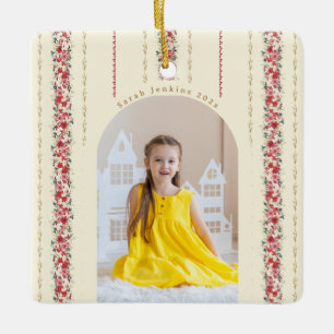 Classic Christmas Botanical Annual Keepsake Photo Ceramic Ornament