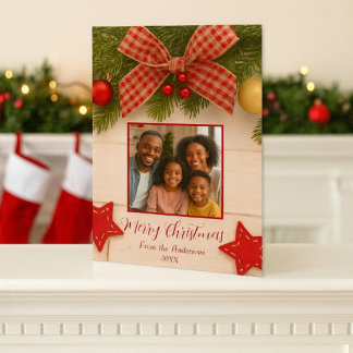 Classic Christmas Bow & Pine Photo Holiday Card