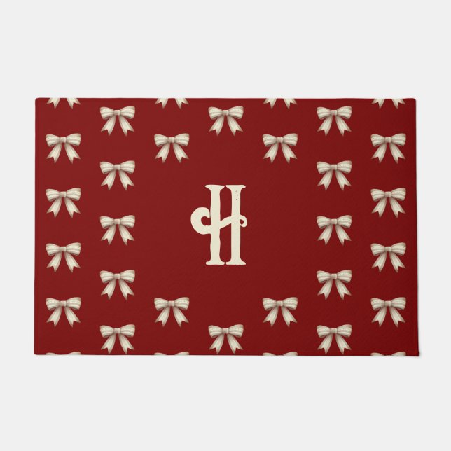 Classic Christmas Bows Red Monogram Doormat (Front)