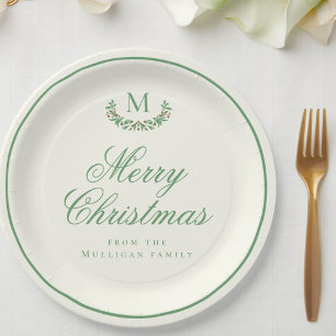 Classic Christmas family monogram Paper Plate