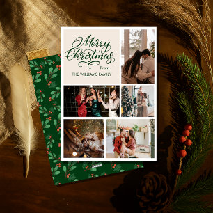 Classic Christmas Five Photo Floral Green Holiday Card