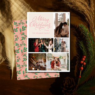 Classic Christmas Five Photo Floral Green & Pink Holiday Card