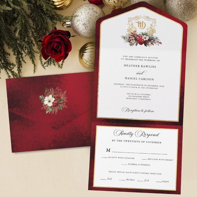 Classic Christmas Floral Crest Monogram Wedding All In One Invitation (Creator Uploaded)