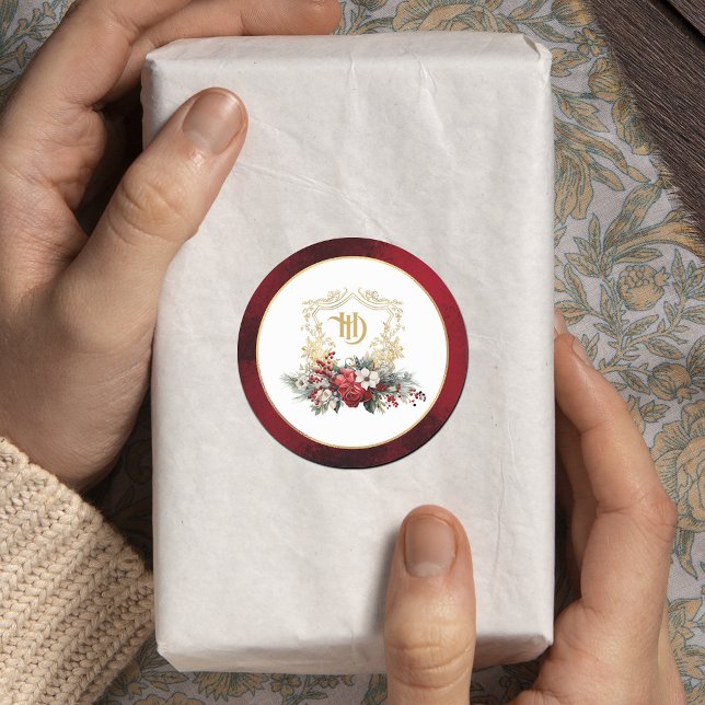 Classic Christmas Floral Crest Monogram Wedding Classic Round Sticker (Creator Uploaded)