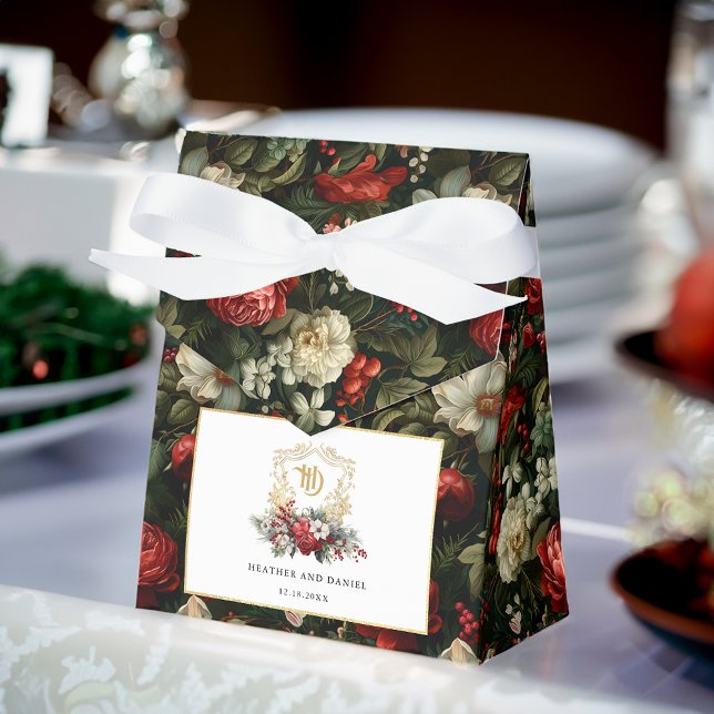Classic Christmas Floral Crest Monogram Wedding Favour Box (Creator Uploaded)