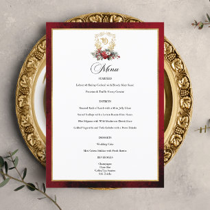 Classic Christmas Floral Crest Monogram Wedding Menu
