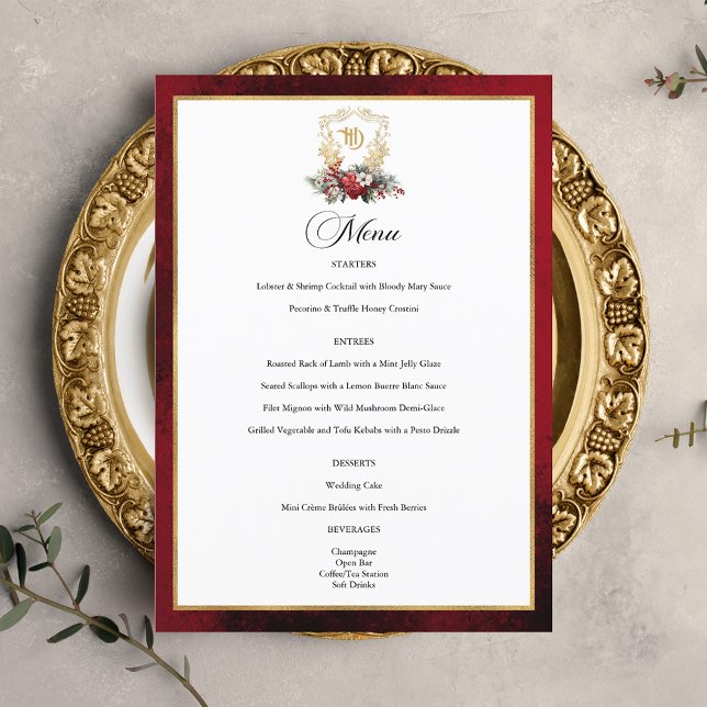 Classic Christmas Floral Crest Monogram Wedding Menu (Creator Uploaded)