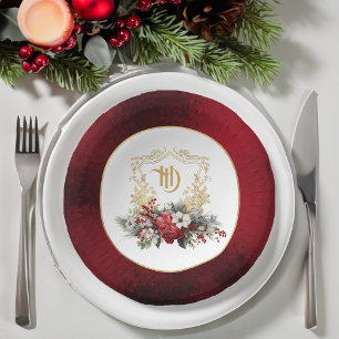 Classic Christmas Floral Crest Monogram Wedding Paper Plate