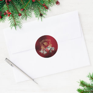 Classic Christmas Floral Crest Monogram Wedding Round Sticker