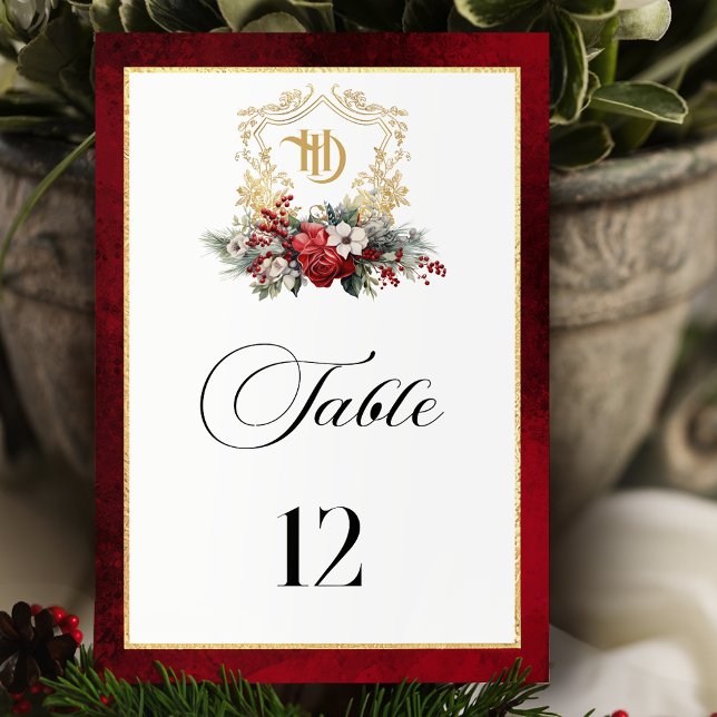 Classic Christmas Floral Crest Monogram Wedding Table Number (Creator Uploaded)