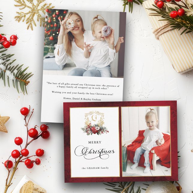 Classic Christmas Floral Crest Photo Holiday Card (Creator Uploaded)