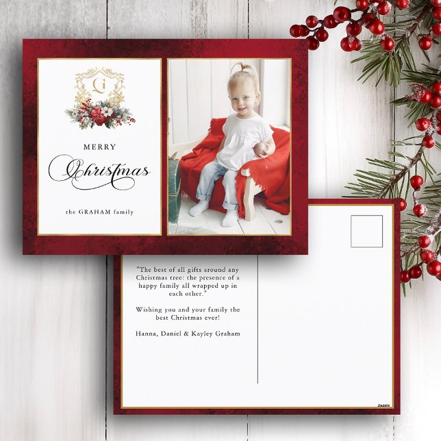 Classic Christmas Floral Crest Photo Holiday Postcard (Creator Uploaded)