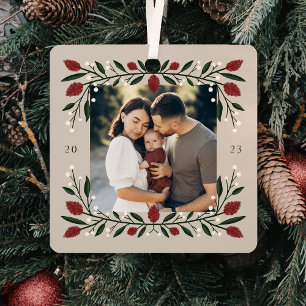 Classic Christmas Floral Frame Photo Metal Tree Decoration