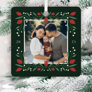 Classic Christmas Floral Frame Photo Metal Tree Decoration