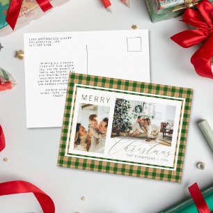 Classic Christmas Green and Beige Plaid Two Photo Holiday Postcard
