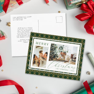 Classic Christmas Green and Gold Plaid Two Photo Holiday Postcard