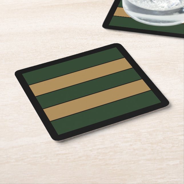 Classic Christmas Green And Gold Stripes Square Paper Coaster (Angled)